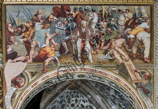 Fresco 'Jesus is nailed to the Cross' by Pordenone, Cathedral of Cremona