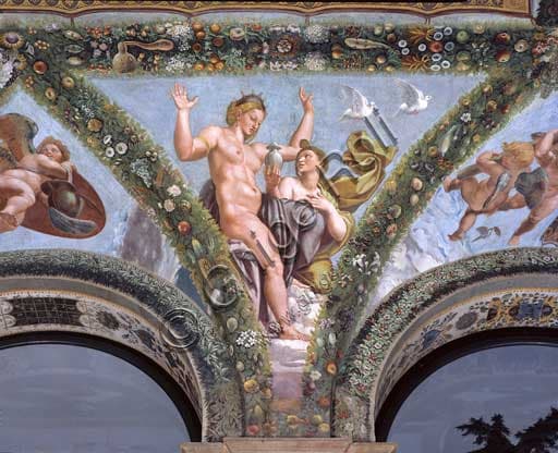 Fresco Psyche offering the urn to Venus, Loggia of Cupid and Psyche, Villa Farnesina Rome, Giulio Romano