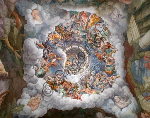 Fresco of the vault in the Chamber of the Giants, Palazzo Te Mantua, with Zeus hurling lightning, painted by Giulio Romano