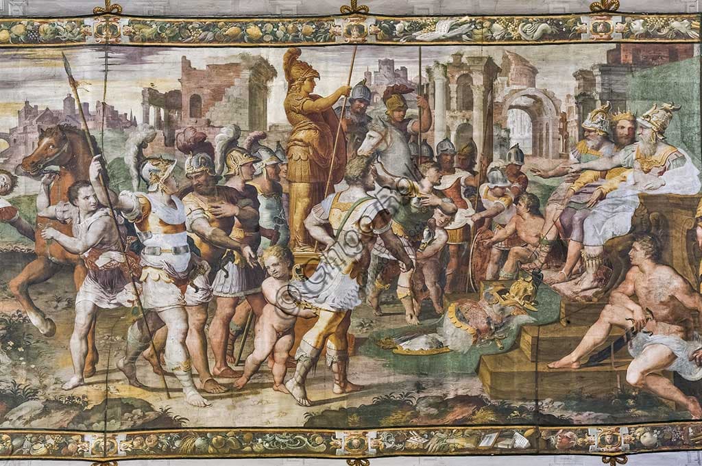 Fresco of the vault of the Salone di Ulisse in Bergamo: Ulysses and Ajax compete for the armor of Achilles