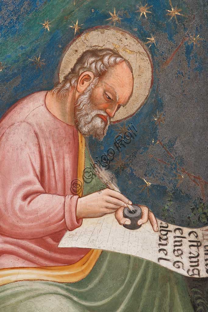 Detail fresco Saint Luke writing, Master of Vignola, Vignola Stronghold Italy