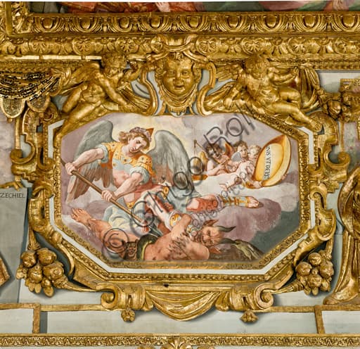 Baroque fresco of St. Michael the Archangel by Lazzaro Tavarone, vault of Genoa Cathedral