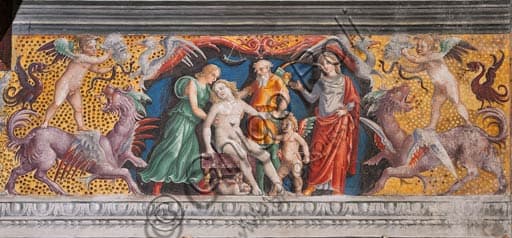Detail of the Virgo sign fresco in the Chamber of the Zodiac, Palazzo D'Arco, Mantua. Work by Giovan Maria Falconetto, circa 1515.
