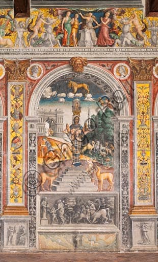 Fresco of the Leo zodiac sign, Diana of Ephesus on steps with deers, and background with Arch of Argentarii and Hercules, Palazzo D'Arco Mantua
