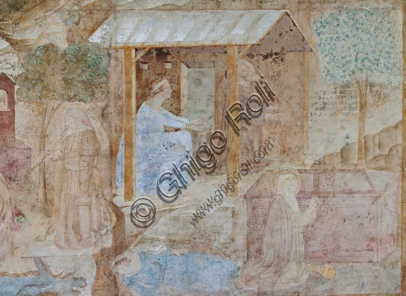 Fresco of Thebaid by Buonamico Buffalmacco: detail with woman, saints and monk at Pisa Monumental Cemetery