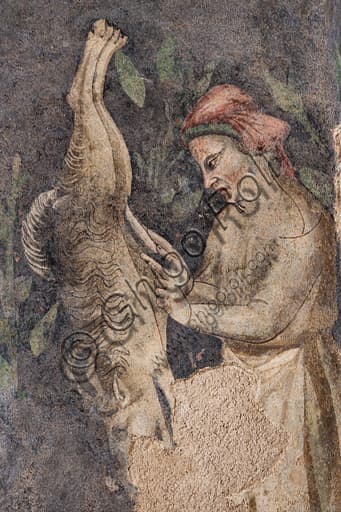 Fresco Rocca Albornoz Spoleto: detail man skinning boar, Teseid cycle 14th century