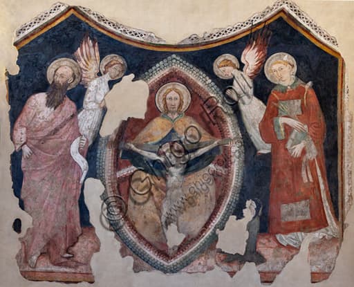 Fresco of the Trinity with angels and saints Paul and Stephen, Trinci Palace Foligno, 14th century Gothic art