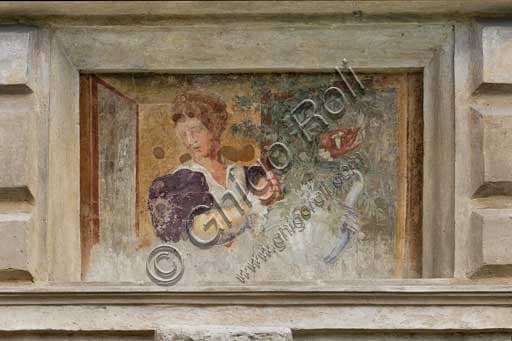 Trompe l'oeil fresco fake window painting with girl and flowers, Courtyard of Honour Palazzo Te Mantua