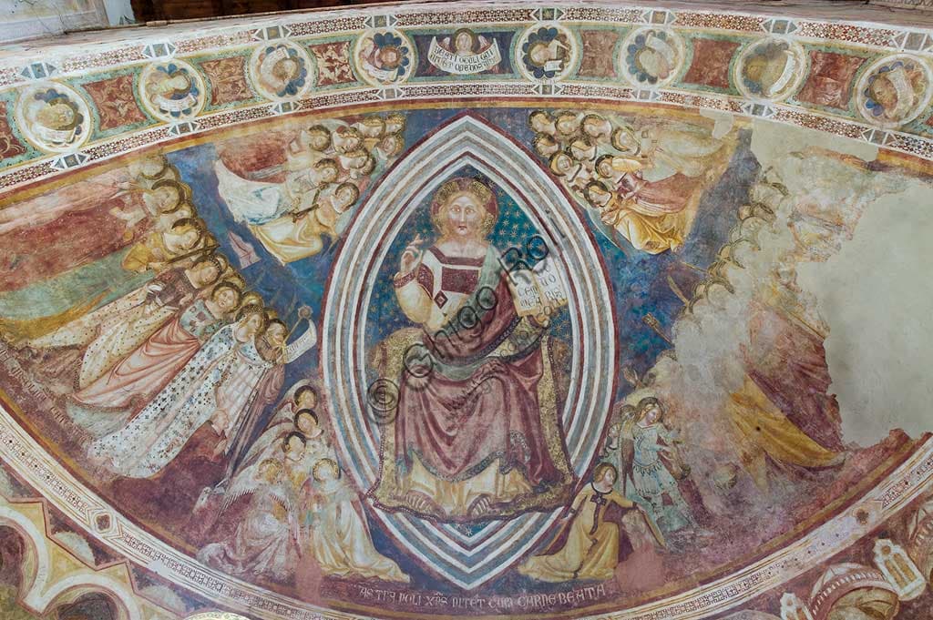 Detail fresco Christ in Majesty, Vitale da Bologna, Pomposa Abbey. The blessing Christ holds a book inscribed 'pacem meam do vobis'.
