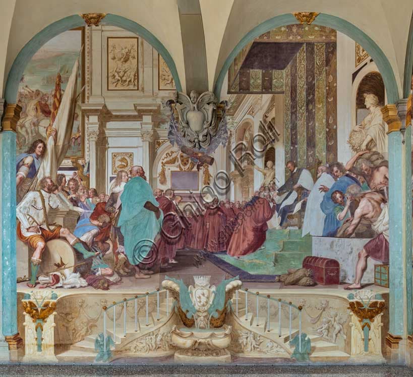 Fresco of Cosimo I and Francesco de' Medici, painting by Volterrano, courtyard of Villa La Petraia in Florence