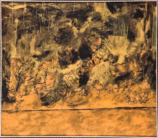 'Wheat Spike and Landscape' painting by Alberto Beneventi, mixed media on plywood.