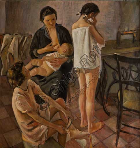 Oil painting by Alfonso Amorelli, mother breastfeeding baby with two girls, Palace of the Normans Palermo