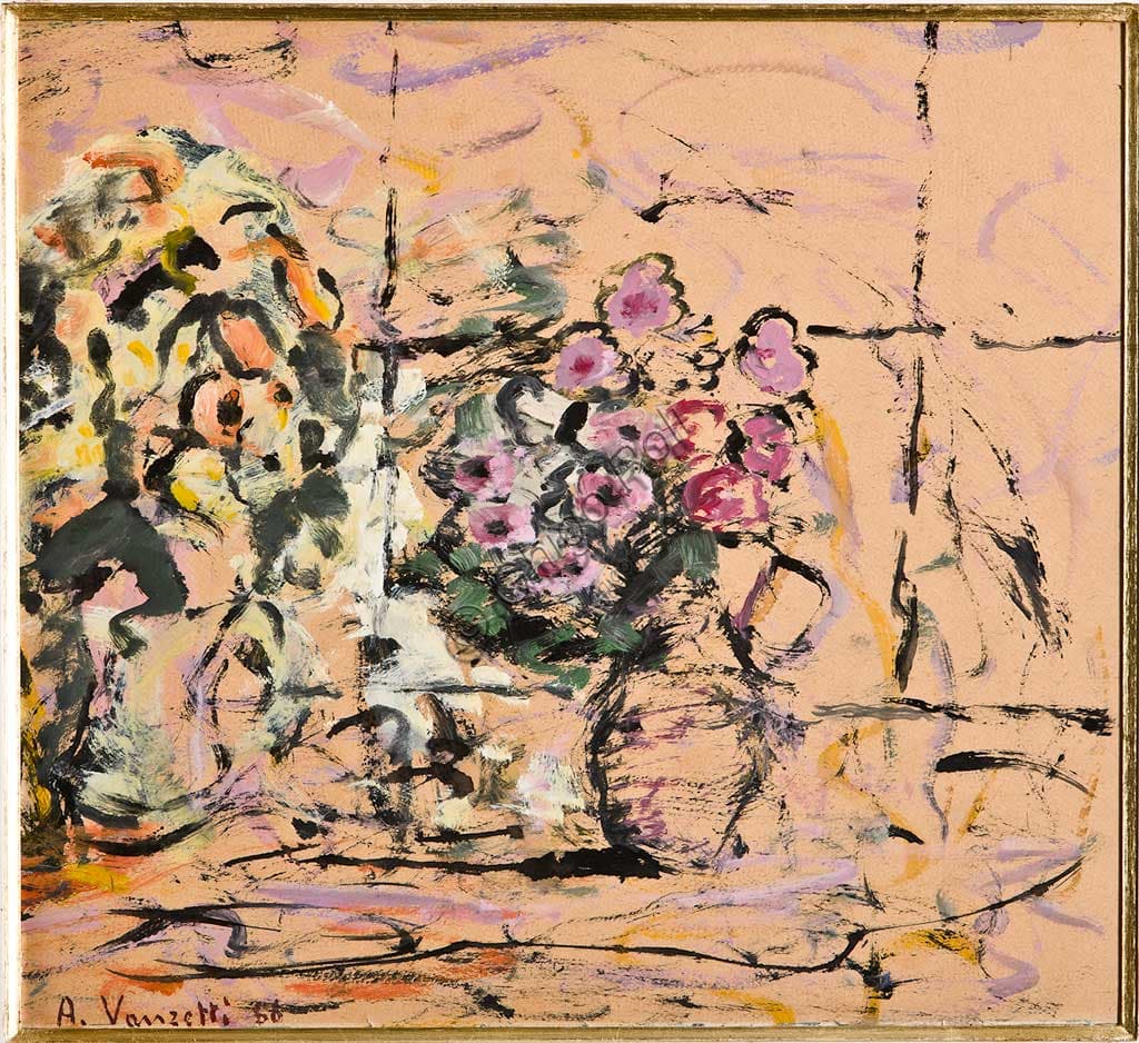 Flowers painting by Alfredo Vanzetti from the Assicoop - Unipol Collection, oil on cardboard