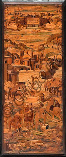 Allegory wood intarsia panel by Giovanni Francesco Zambelli, choir St Lawrence Cathedral Genoa, Renaissance art detail