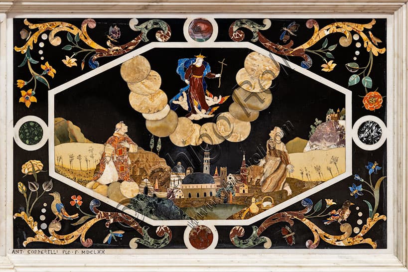 Detail of the main altar at St. Corona Church in Vicenza depicting the Madonna of Monte Berico appearing to Vincenza Pasini, work by Francesco Antonio Corbarelli.