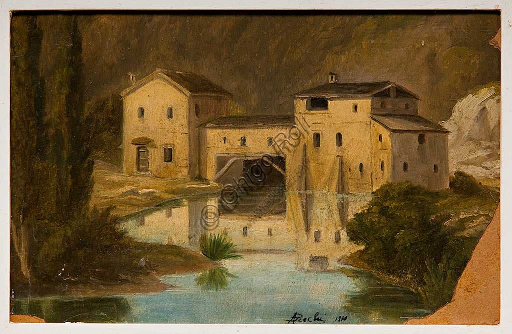 Dipinto Paesaggio con Mulino di Andrea Becchi, olio su cartone, collezione Assicoop Unipol