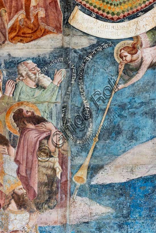Detail of the Last Judgement fresco with an angel playing a tuba, Camposanto Monumentale in Pisa