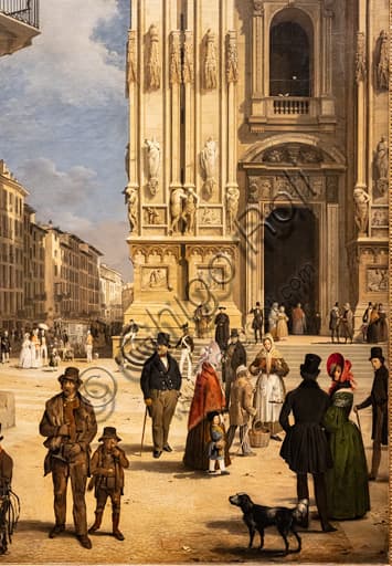 Dettaglio del dipinto Veduta di piazza Duomo con il Coperto dei Figini di Angelo Inganni, 1838, olio su tela, particolare di un lampione.