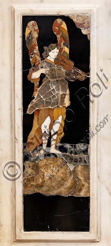 Detail of the angel playing music on the marble tabernacle of the main altar, Church of St. Corona Vicenza Italy