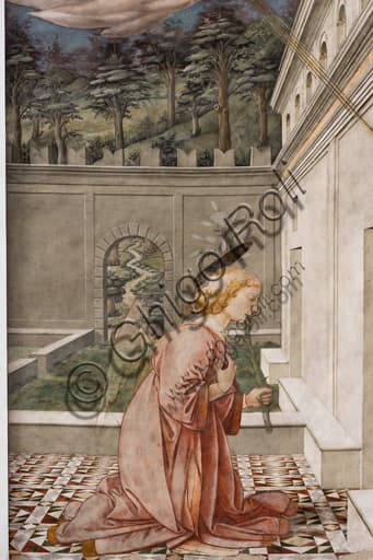 Detail Annunciation fresco Filippo Lippi - Archangel Gabriel with lily, Spoleto Cathedral