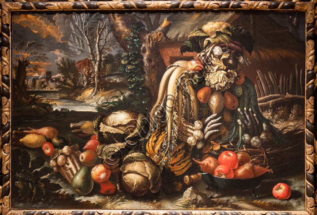 Painting Winter by Antonio Rasio, floral and fruit assemblage in the style of Arcimboldo, Tosio Martinengo Gallery Brescia