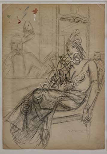 Pencil sketch The Aperitif by Marcello Dudovich, detail on paper 1954-55