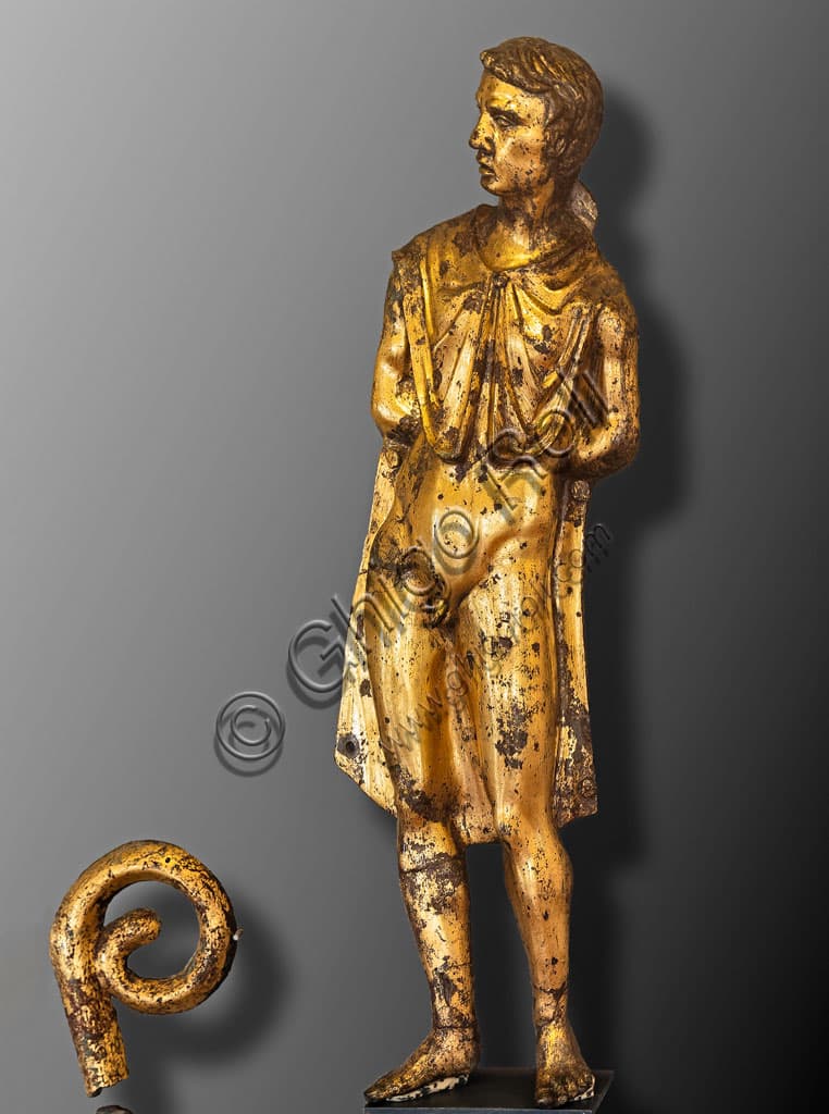 Gilded bronze Roman prisoner sconce artifact, Capitolium Brescia, Santa Giulia Museum Unesco