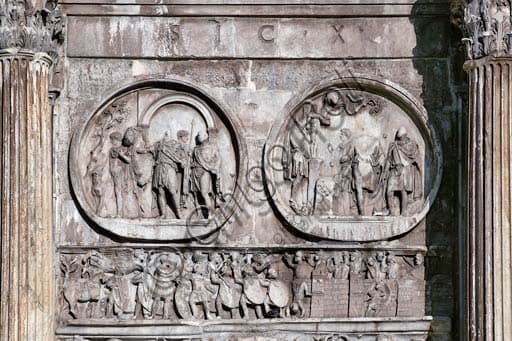 Detail of the south-side reliefs on the Arch of Constantine in the Roman Forum: Hadrianic medallions and Constantinian frieze