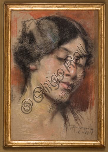 Arnaldo Ferraguti, Volto di ragazza, pastello su cartone, Collezione Assicoop-Unipol, dettaglio del ritratto