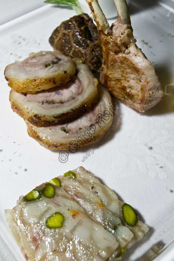 Porchetta and coppa di testa, traditional Italian second course with roast pork and cold cuts