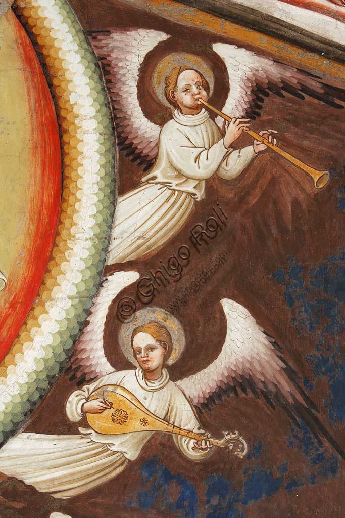 Detail of Assumption of the Virgin fresco with two angels playing music, Vignola Stronghold, Master of Vignola c.1420