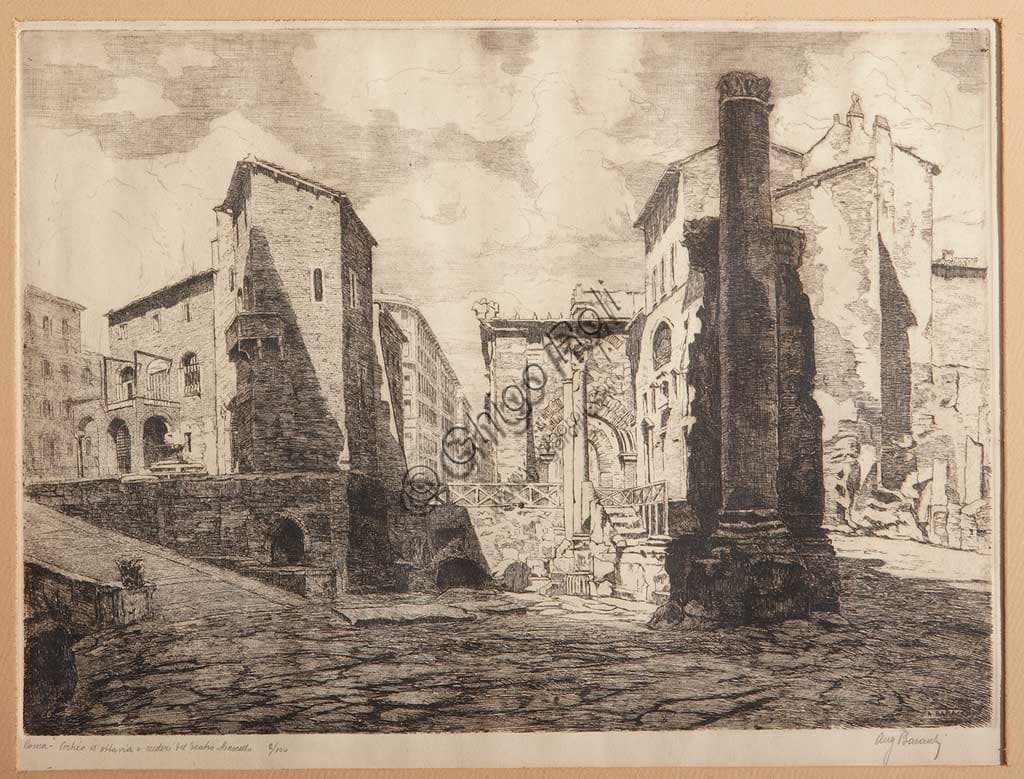 Acquaforte di Augusto Baracchi - Veduta di Roma con il Portico d'Ottavia e il Teatro di Marcello