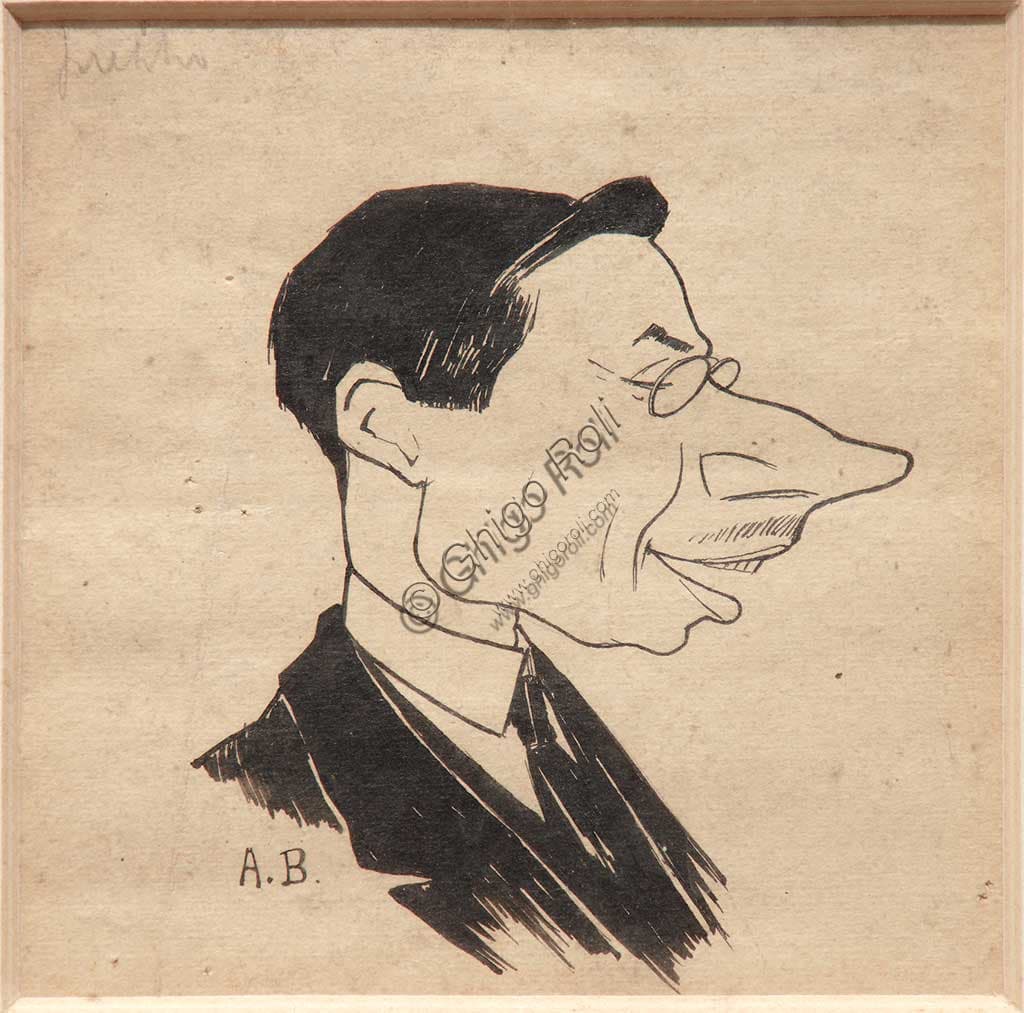 Caricatura Augusto Baracchi, disegno a inchiostro nero su carta, Collezione Assicoop-Unipol