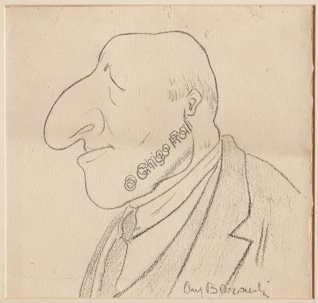 Disegno originale Caricatura di Augusto Baracchi, matita nera su carta, Collezione Assicoop-Unipol