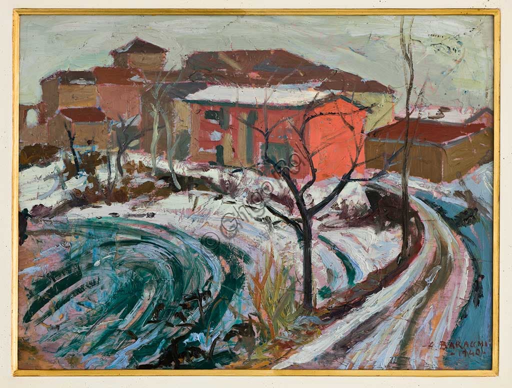 Painting Snowfall in Carpi, winter landscape by Augusto Baracchi, oil on cardboard