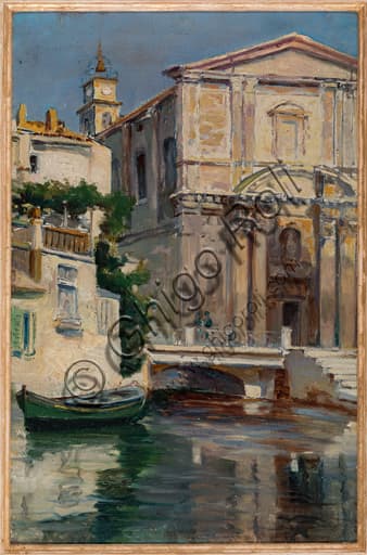 Dipinto 'Canale a Venezia' di Augusto Zoboli, olio su cartone, veduta di un canale veneziano