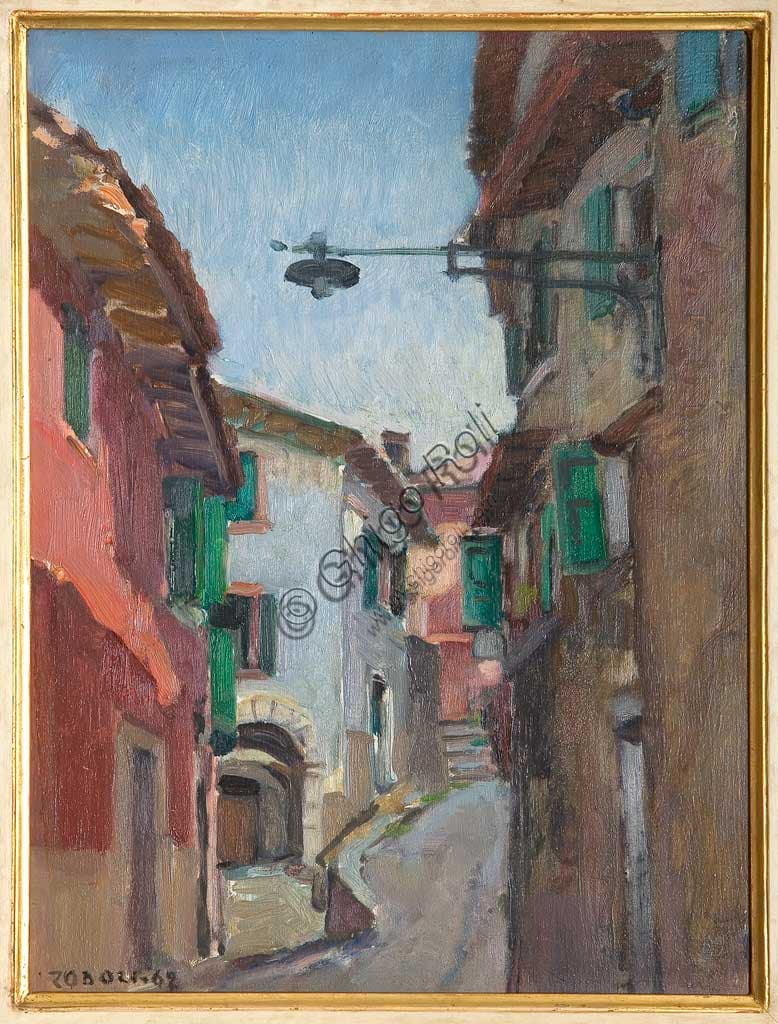 Painting Houses in Castelletto del Garda by Augusto Zoboli, oil on plywood, 1962