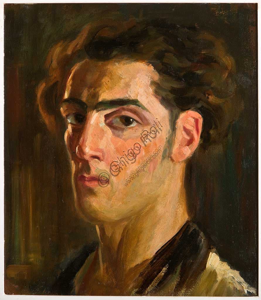 Self Portrait by Tino Pelloni, oil on cardboard artwork from the Assicoop Unipol Collection