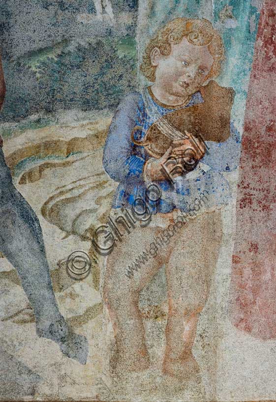 Particolare del bambino con cagnolino, affresco della Torre di Babele di Benozzo Gozzoli, Camposanto Monumentale di Pisa