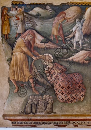 Detail of the detached fresco by Bartolomeo di Tommaso (1449) in Foligno depicting the Madonna of Loreto and the Martyrdom of Saint Barbara.