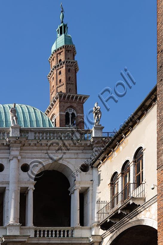 Partial northern view of the Palladian Basilica and Bissara Tower in Vicenza, Italy, featuring Renaissance architecture