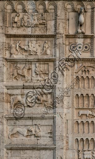 Detail of the five Romanesque bas-reliefs to the left of the main portal on the façade of St. Peter's Church in Spoleto