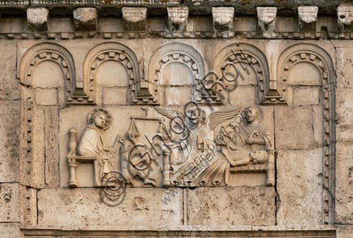 Romanesque bas-relief Death of the Righteous, detail façade St. Peter's Church Spoleto Italy