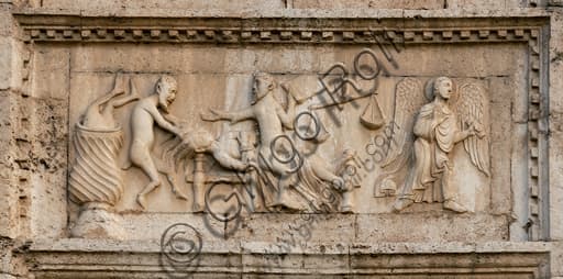 Detail of the Romanesque bas-relief Death of the sinner, façade St. Peter's Church Spoleto, 12th century art