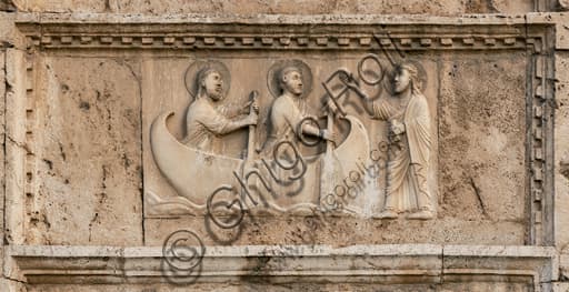 Romanesque bas-relief Vocation of Saint Peter and Andrew, façade of St. Peter's Church Spoleto