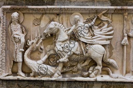Bas-relief sculpture St. George dragon south side Genoa St. Lawrence Cathedral