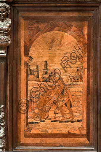 The Baptism of Christ wood intarsia by Giovanni Francesco Zambelli, St. Lawrence Cathedral Genoa, apse choir north side
