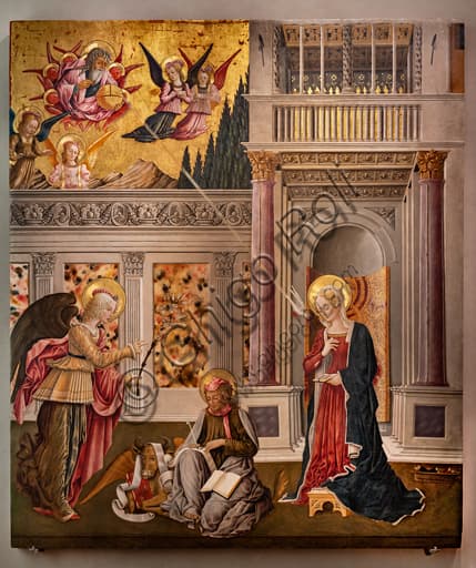 Painting Annunciation of the Notaries by Benedetto Bonfigli, National Gallery of Umbria Perugia, detail of the angel
