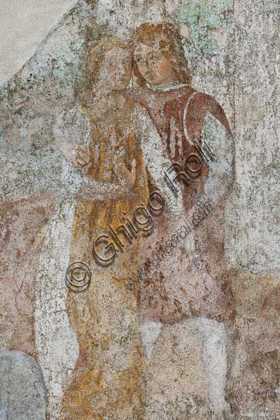 Particolare affresco Benozzo Gozzoli Camposanto Pisa: uomo e donna nell’Incontro di Esaù e Giacobbe e Ratto di Dina