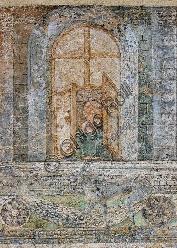 Dettaglio dell'affresco Giuseppe alla corte del faraone di Benozzo Gozzoli con donna affacciata alla finestra, Camposanto di Pisa, 1477